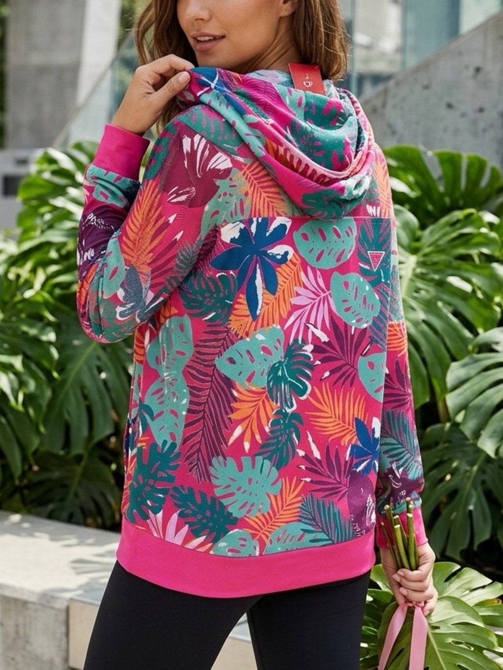 Guess NWT Women's Tropical Print Hoodie Jacket - Pink Multi
